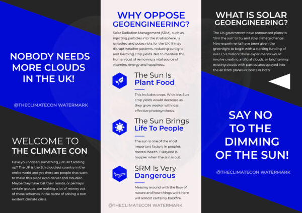 100 x Stop Solar Geoengineering A4 Trifold Professional Leaflet (Pre Order)