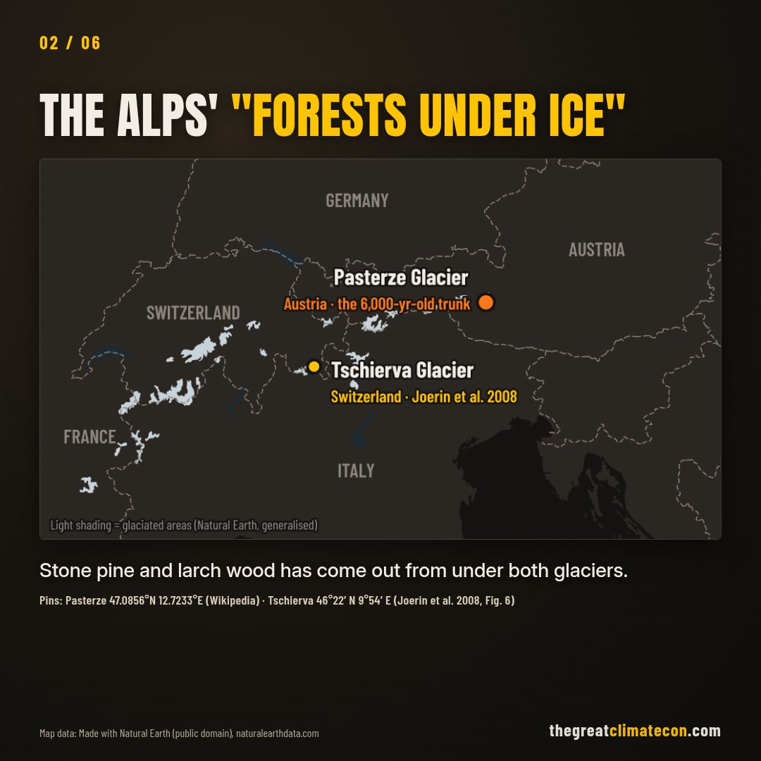Map of the Alps marking the Pasterze Glacier in Austria and the Tschierva Glacier in Switzerland.