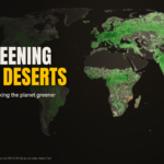 Headline "The greening of the deserts" over a dark world map of satellite leaf-area trends showing green across Africa, Europe and Asia