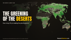 Headline "The greening of the deserts" over a dark world map of satellite leaf-area trends showing green across Africa, Europe and Asia