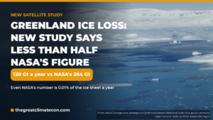 Icebergs in a Greenland fjord with text: new satellite study puts Greenland ice loss at 120 Gt a year vs NASA's 264 Gt, 0.01% of the ice sheet