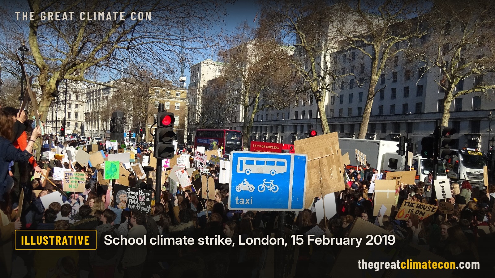 Crowd of school students with climate strike placards in London, February 2019, seen mostly from behind